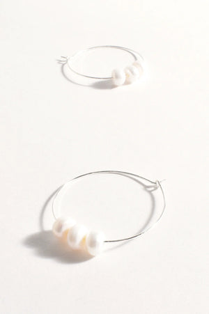 Adorne Trio Pearl Fine Wire Hoops Silver/Cream