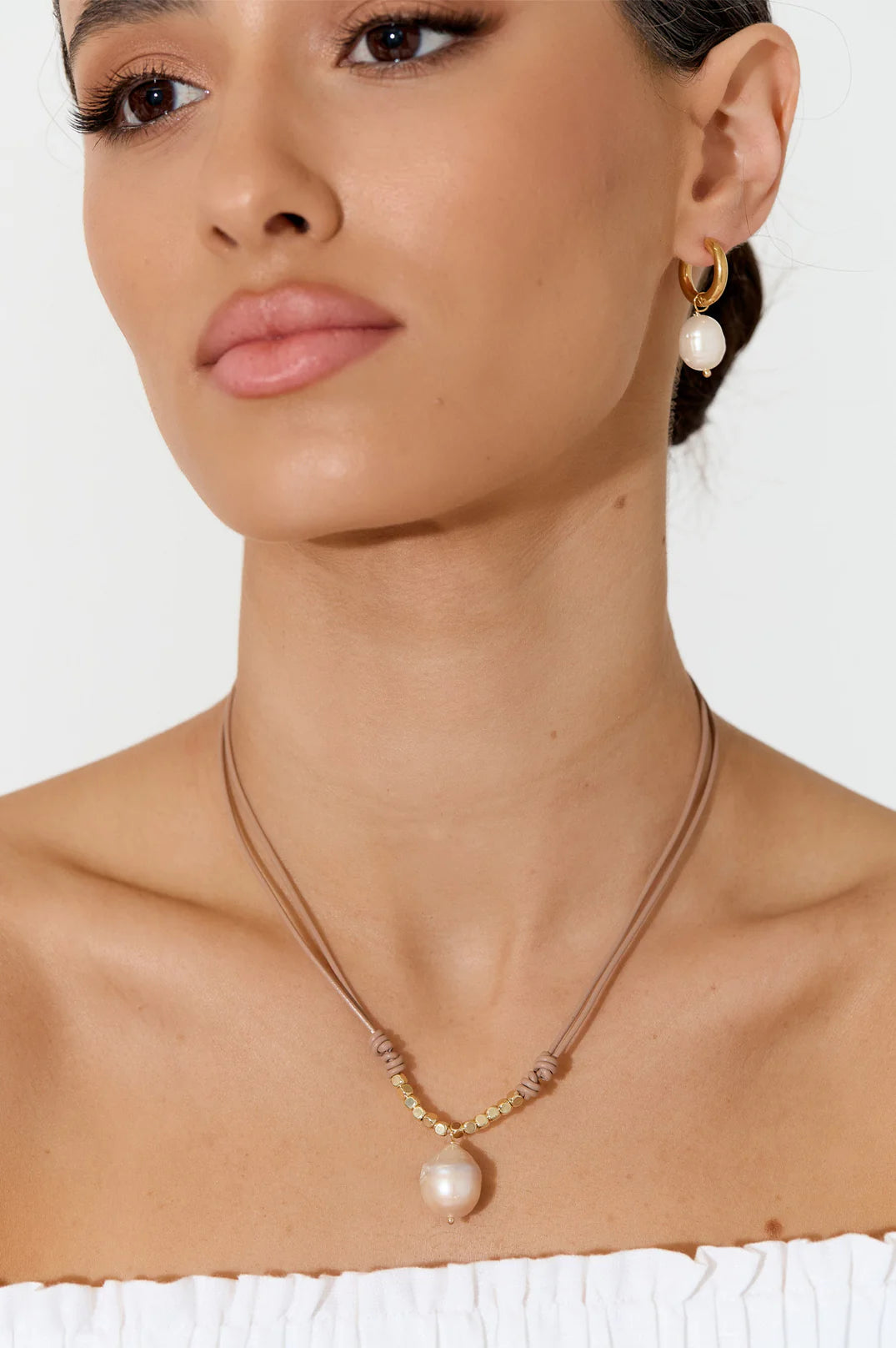 Adorne Pearl Drop Adjustable Leather Necklace Nude