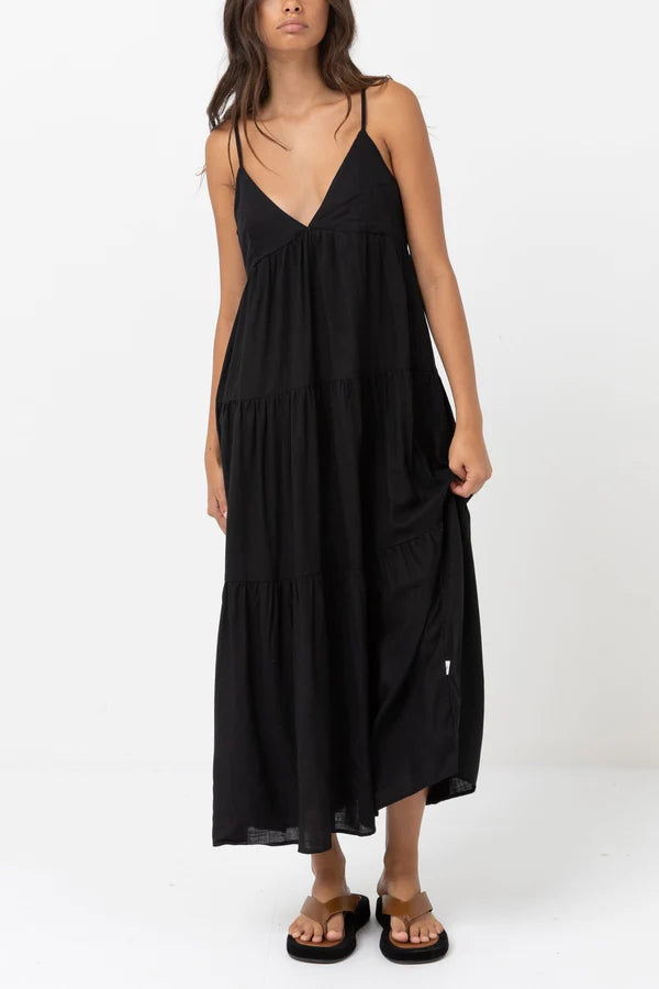 Black tiered midi outlet dress