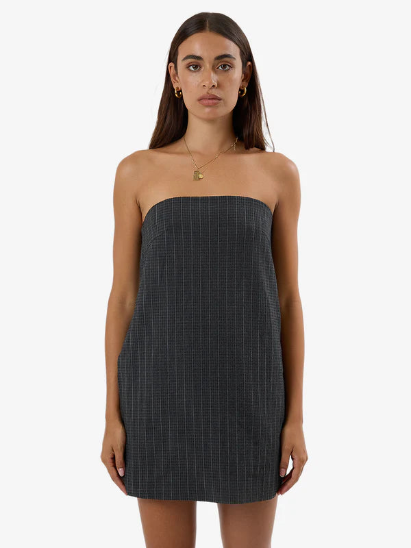 Thrills Colby Strapless Dress Charcoal Pinstripe