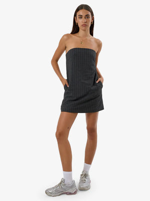 Thrills Colby Strapless Dress Charcoal Pinstripe