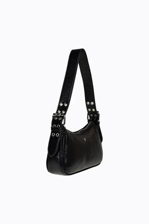 Peta + Jain Queen Buckle Shoulder Bag Black Crinkle/Silver